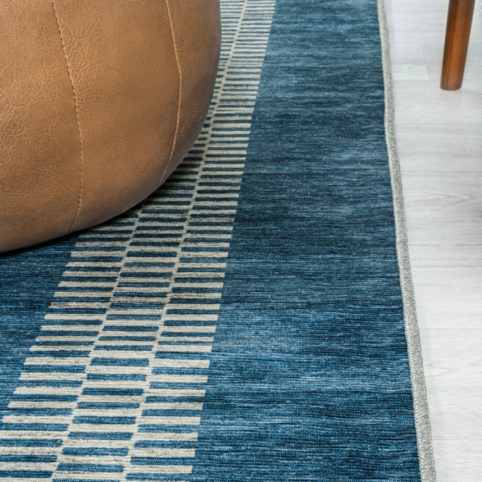 Vichy Geometric Striped Machine-Washable Blue/Cream 4 ft. x 6 ft. Area Rug