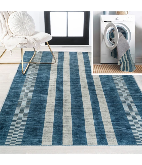 Vichy Geometric Striped Machine-Washable Blue/Cream 9 ft. x 12 ft. Area Rug