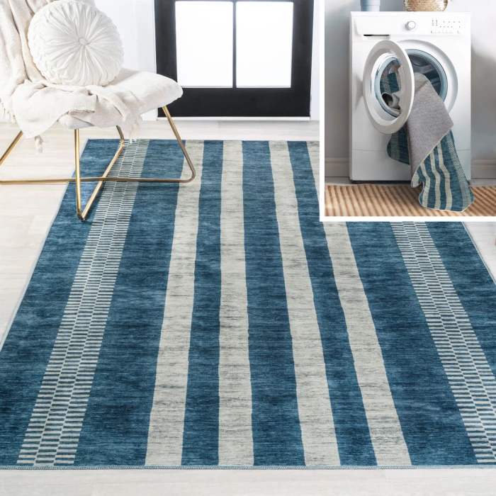 Vichy Geometric Striped Machine-Washable Blue/Cream 4 ft. x 6 ft. Area Rug