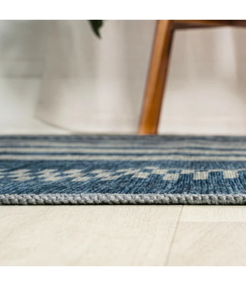 Vichy Geometric Striped Machine-Washable Blue/Cream 2 ft. x 8 ft. Runner Rug