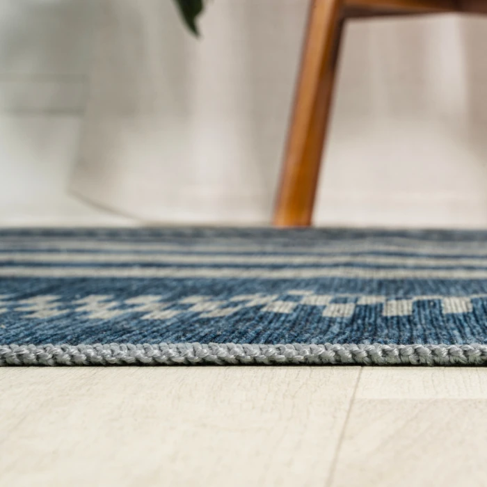 Vichy Geometric Striped Machine-Washable Blue/Cream 2 ft. x 8 ft. Runner Rug