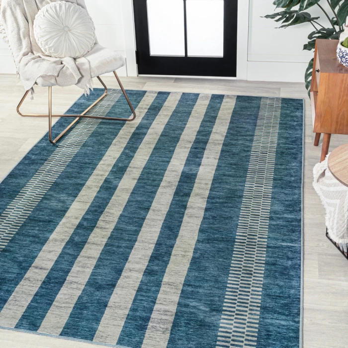 Vichy Geometric Striped Machine-Washable Blue/Cream 4 ft. x 6 ft. Area Rug