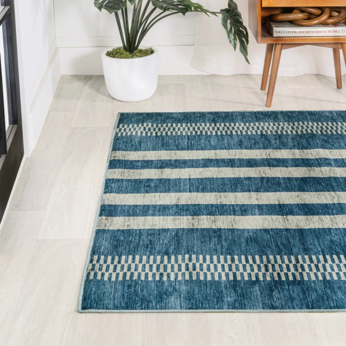 Vichy Geometric Striped Machine-Washable Blue/Cream 4 ft. x 6 ft. Area Rug