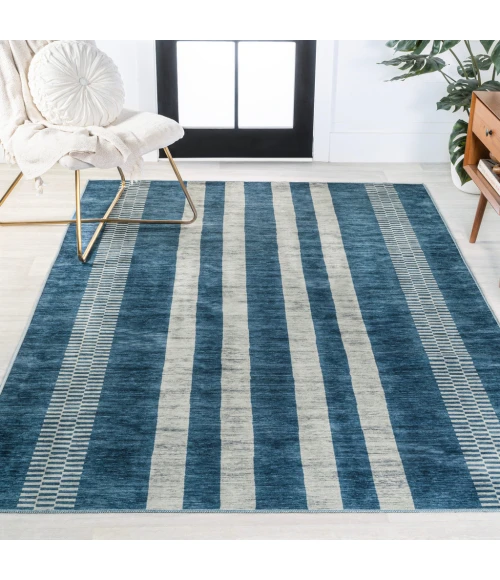 Vichy Geometric Striped Machine-Washable Blue/Cream 9 ft. x 12 ft. Area Rug