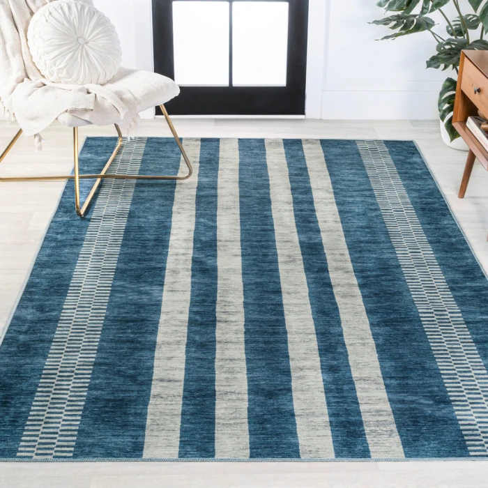 Vichy Geometric Striped Machine-Washable Blue/Cream 4 ft. x 6 ft. Area Rug