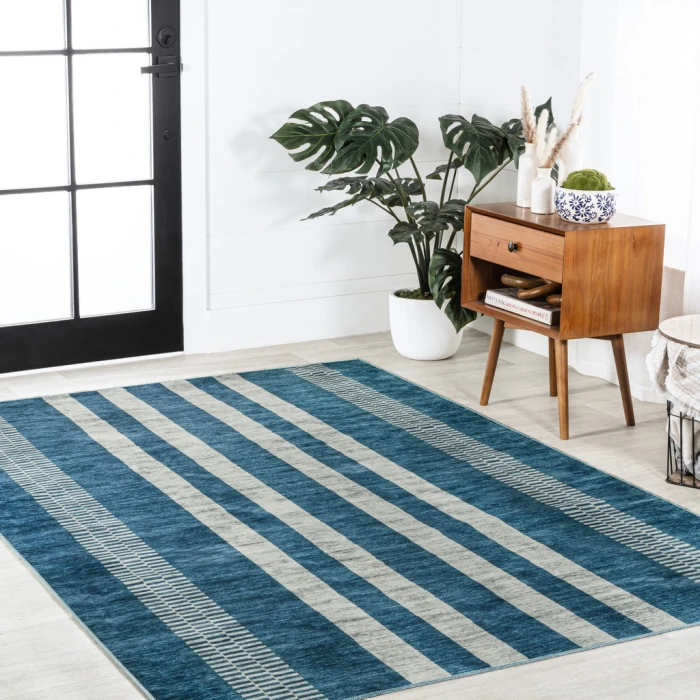Vichy Geometric Striped Machine-Washable Blue/Cream 4 ft. x 6 ft. Area Rug