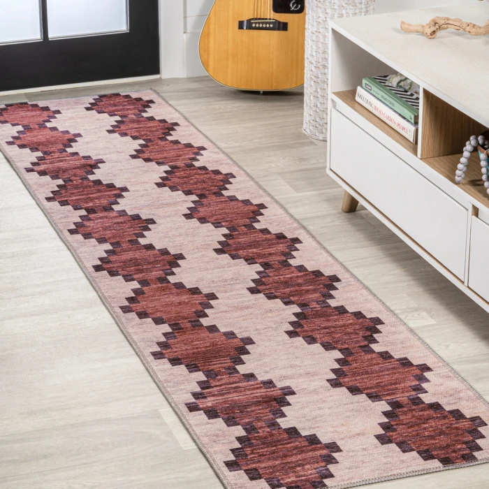 Timantii Modern Trellis Kilim Machine-Washable Red/Ivory 2 ft. x 8 ft. Runner Rug