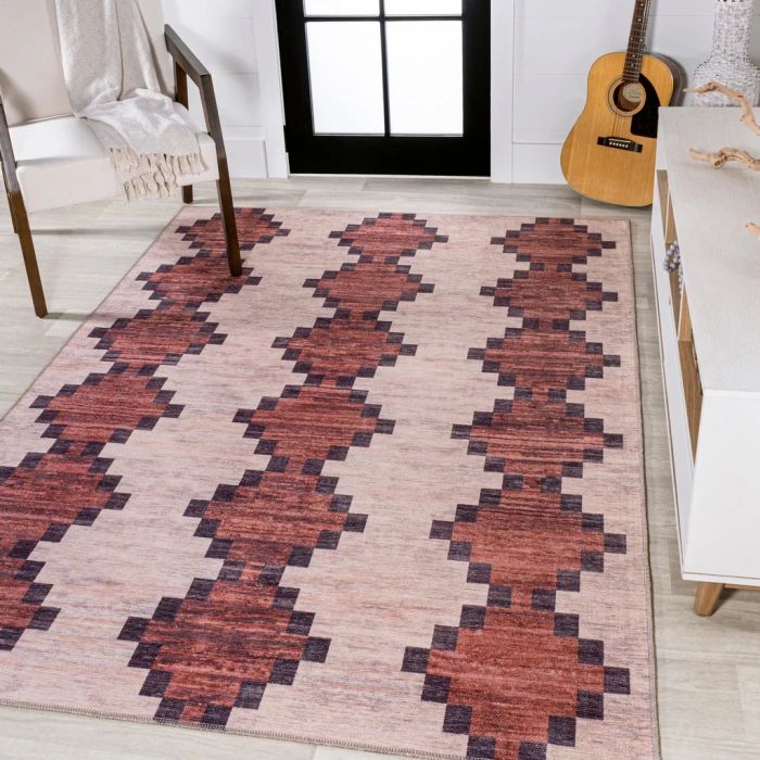 Timantii Modern Trellis Kilim Machine-Washable Red/Ivory 3 ft. x 5 ft. Area Rug