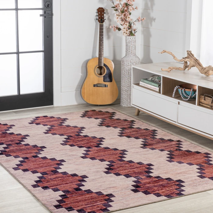 Timantii Modern Trellis Kilim Machine-Washable Red/Ivory 3 ft. x 5 ft. Area Rug