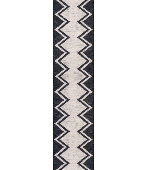 Siksak Modern Chevron Border Machine-Washable Ivory/Navy 2 ft. x 8 ft. Runner Rug