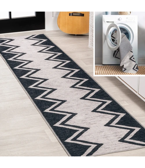 Siksak Modern Chevron Border Machine-Washable Ivory/Navy 2 ft. x 8 ft. Runner Rug