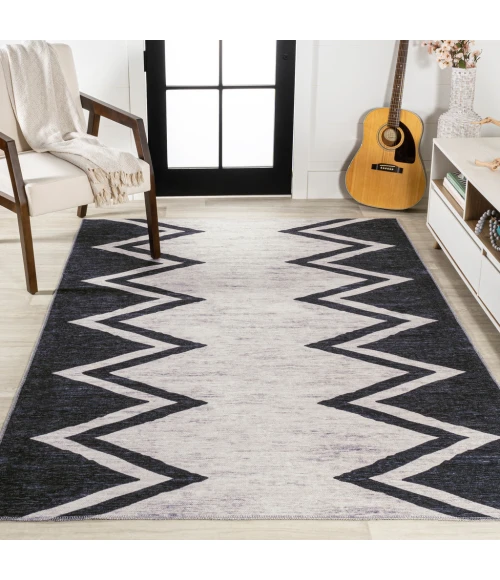Siksak Modern Chevron Border Machine-Washable Ivory/Navy 8 ft. x 10 ft. Area Rug