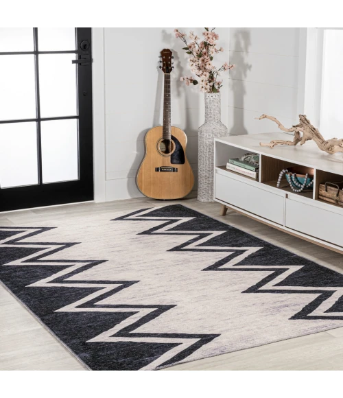 Siksak Modern Chevron Border Machine-Washable Ivory/Navy 8 ft. x 10 ft. Area Rug