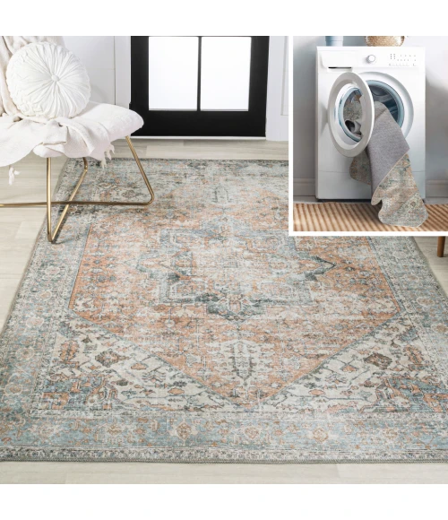Armae Distressed Medallion Chenille Machine-Washable Terra/Blue 5 ft. x 8 ft. Area Rug