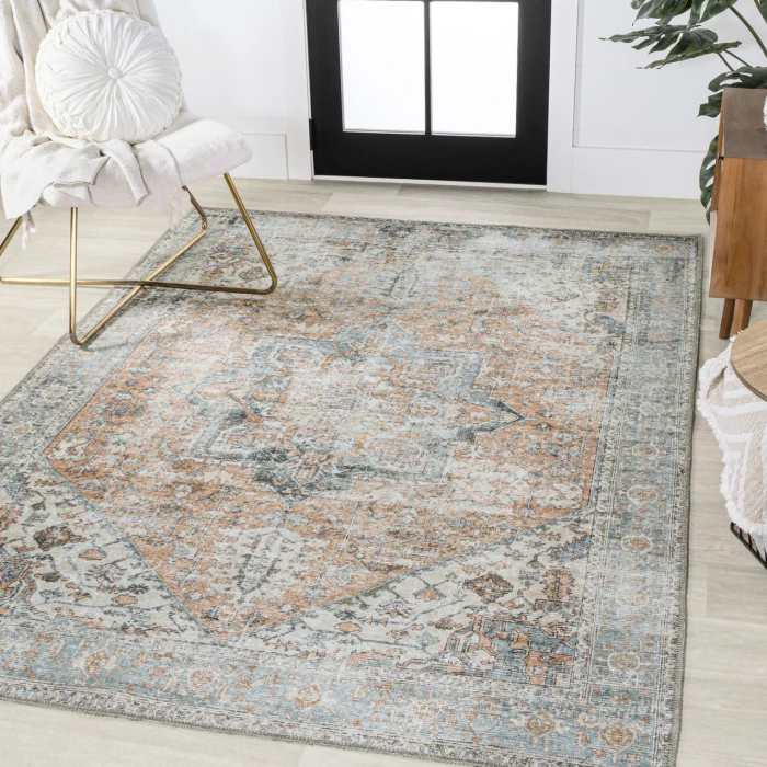 Armae Distressed Medallion Chenille Machine-Washable Terra/Blue 5 ft. x 8 ft. Area Rug