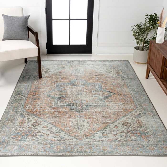 Armae Distressed Medallion Chenille Machine-Washable Terra/Blue 5 ft. x 8 ft. Area Rug