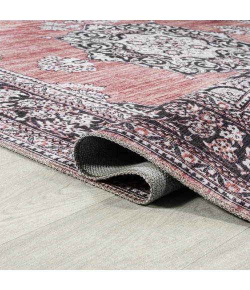 Bausch Bohemian Distressed Chenille Machine-Washable Dark Pink/Black/White 3 ft. x 5 ft. Area Rug