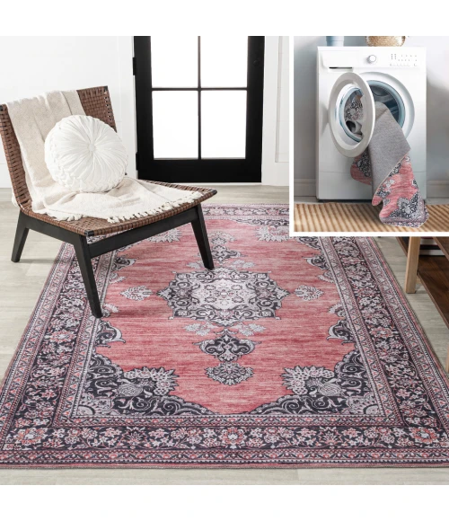 Bausch Bohemian Distressed Chenille Machine-Washable Dark Pink/Black/White 3 ft. x 5 ft. Area Rug