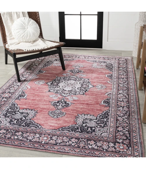 Bausch Bohemian Distressed Chenille Machine-Washable Dark Pink/Black/White 3 ft. x 5 ft. Area Rug