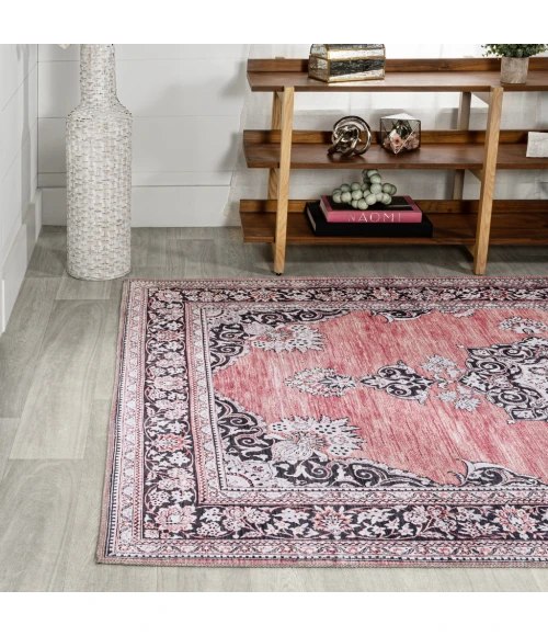 Bausch Bohemian Distressed Chenille Machine-Washable Dark Pink/Black/White 3 ft. x 5 ft. Area Rug