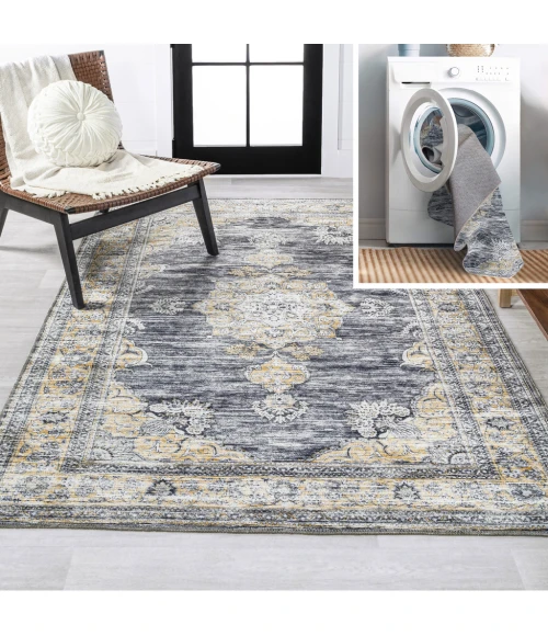 Bausch Bohemian Distressed Chenille Machine-Washable Dark Gray/Yellow 5 ft. x 8 ft. Area Rug