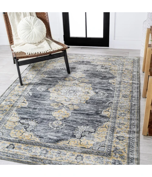 Bausch Bohemian Distressed Chenille Machine-Washable Dark Gray/Yellow 5 ft. x 8 ft. Area Rug