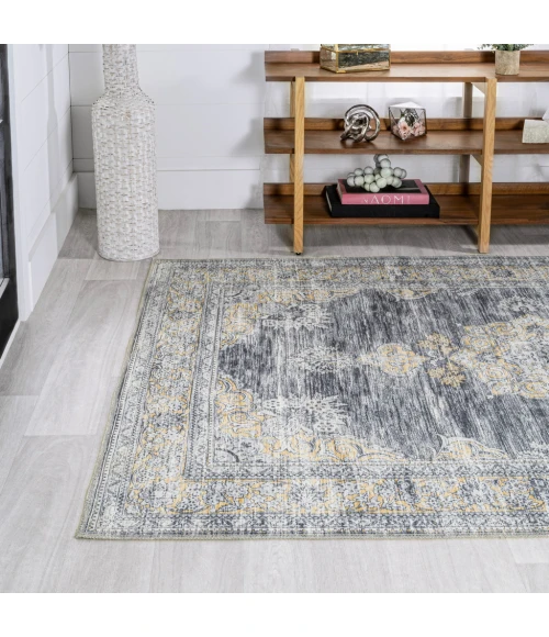 Bausch Bohemian Distressed Chenille Machine-Washable Dark Gray/Yellow 5 ft. x 8 ft. Area Rug