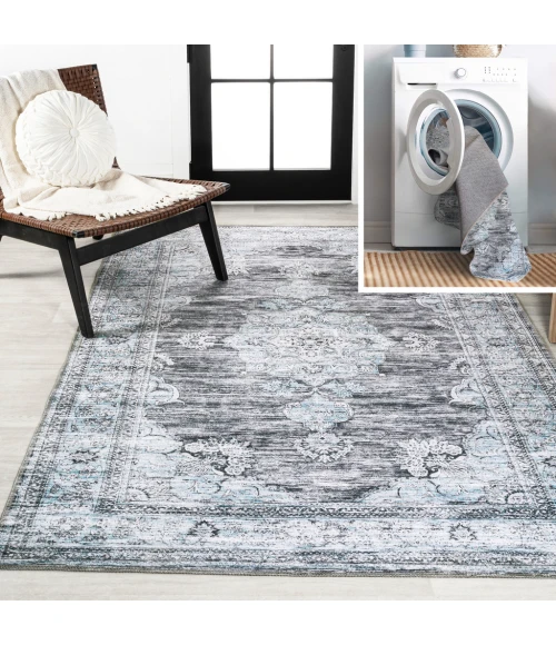 Bausch Bohemian Distressed Chenille Machine-Washable Dark Gray/Blue 8 ft. x 10 ft. Area Rug