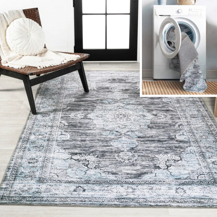 Bausch Bohemian Distressed Chenille Machine-Washable Dark Gray/Blue 5 ft. x 8 ft. Area Rug