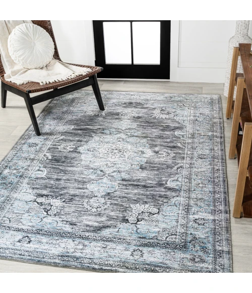 Bausch Bohemian Distressed Chenille Machine-Washable Dark Gray/Blue 8 ft. x 10 ft. Area Rug