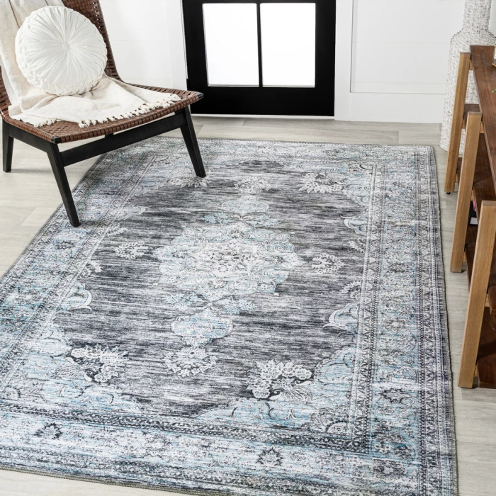 Bausch Bohemian Distressed Chenille Machine-Washable Dark Gray/Blue 5 ft. x 8 ft. Area Rug