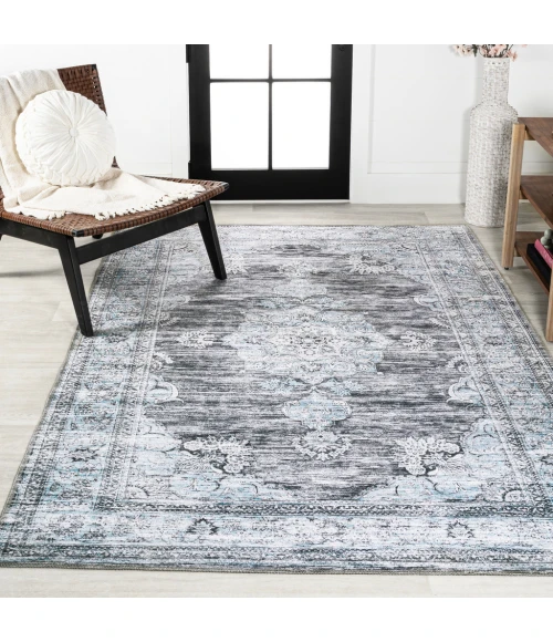 Bausch Bohemian Distressed Chenille Machine-Washable Dark Gray/Blue 8 ft. x 10 ft. Area Rug