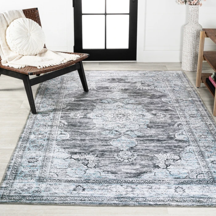 Bausch Bohemian Distressed Chenille Machine-Washable Dark Gray/Blue 5 ft. x 8 ft. Area Rug