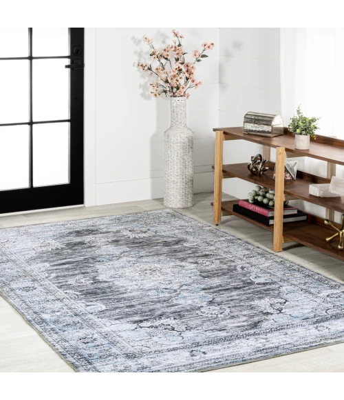 Bausch Bohemian Distressed Chenille Machine-Washable Dark Gray/Blue 8 ft. x 10 ft. Area Rug