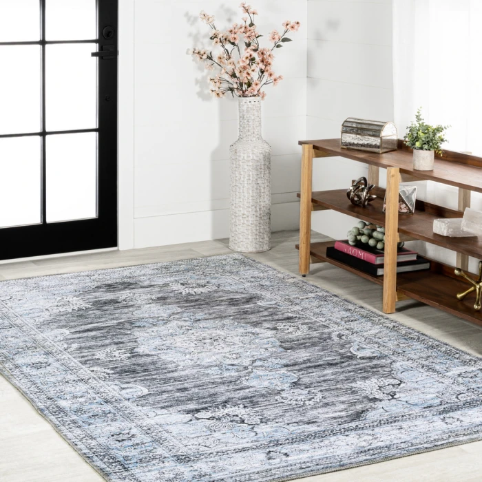 Bausch Bohemian Distressed Chenille Machine-Washable Dark Gray/Blue 5 ft. x 8 ft. Area Rug