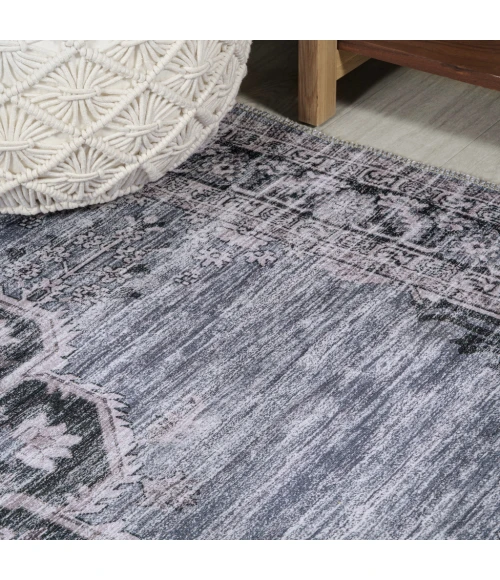 Wincer Chenille Cottage Medallion Machine-Washable Navy/Gray/Black 8 ft. x 10 ft. Area Rug