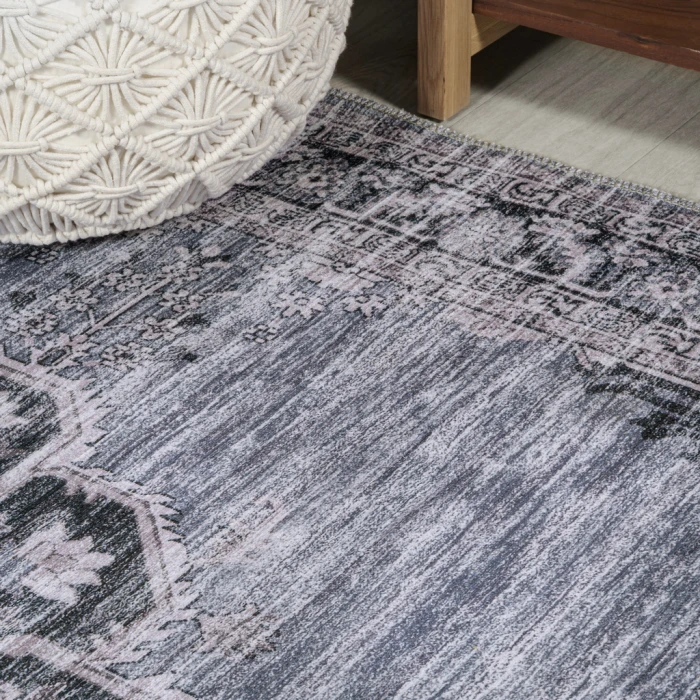 Wincer Chenille Cottage Medallion Machine-Washable Navy/Gray/Black 5 ft. x 8 ft. Area Rug