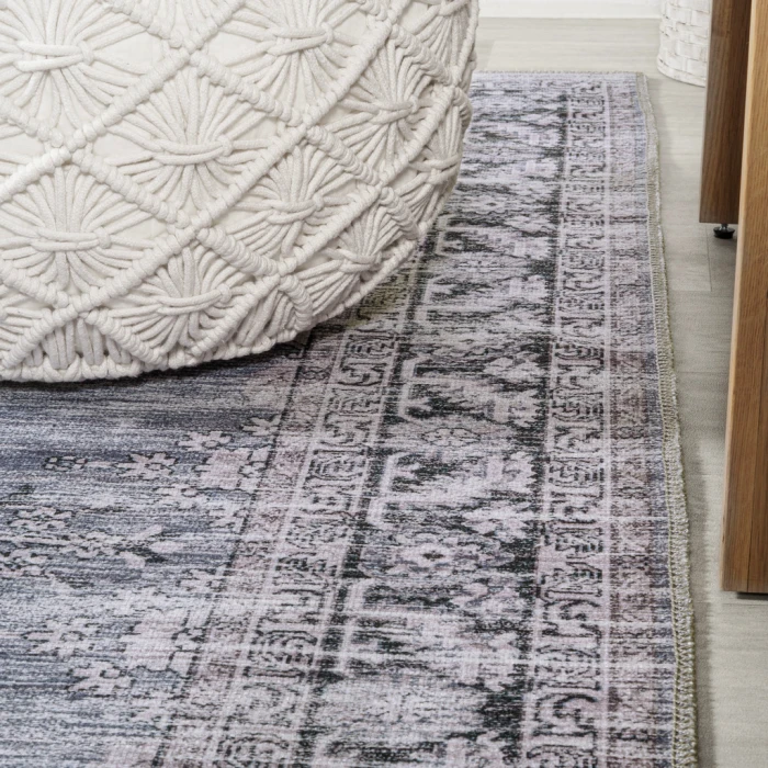 Wincer Chenille Cottage Medallion Machine-Washable Navy/Gray/Black 5 ft. x 8 ft. Area Rug