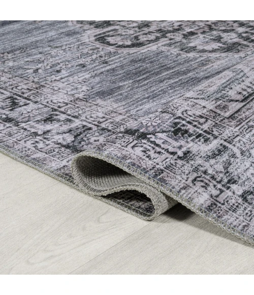 Wincer Chenille Cottage Medallion Machine-Washable Navy/Gray/Black 8 ft. x 10 ft. Area Rug