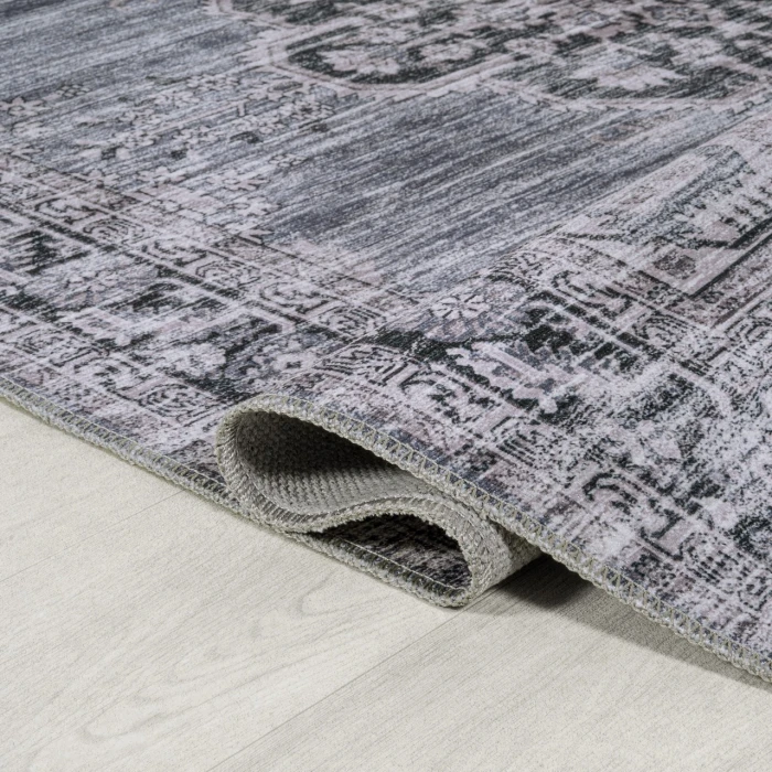 Wincer Chenille Cottage Medallion Machine-Washable Navy/Gray/Black 5 ft. x 8 ft. Area Rug
