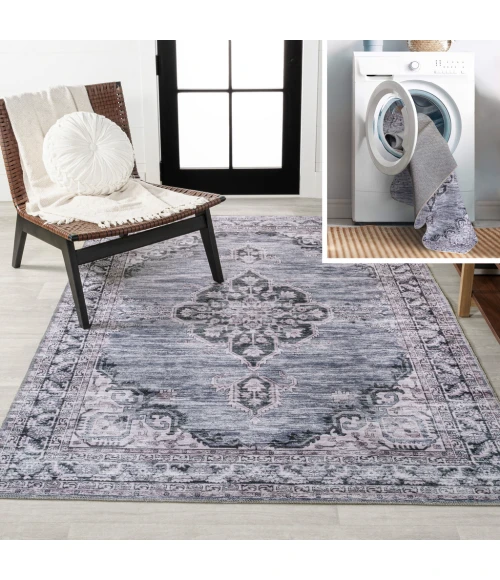 Wincer Chenille Cottage Medallion Machine-Washable Navy/Gray/Black 8 ft. x 10 ft. Area Rug