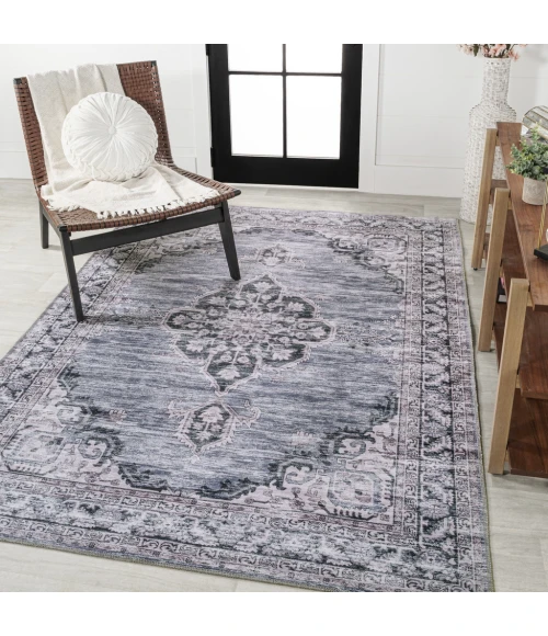 Wincer Chenille Cottage Medallion Machine-Washable Navy/Gray/Black 8 ft. x 10 ft. Area Rug