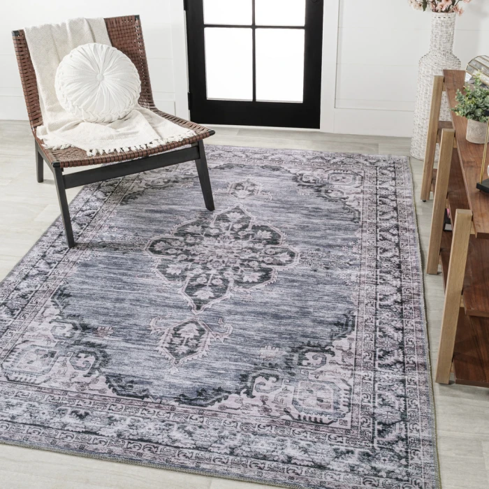 Wincer Chenille Cottage Medallion Machine-Washable Navy/Gray/Black 5 ft. x 8 ft. Area Rug