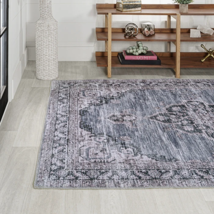 Wincer Chenille Cottage Medallion Machine-Washable Navy/Gray/Black 5 ft. x 8 ft. Area Rug