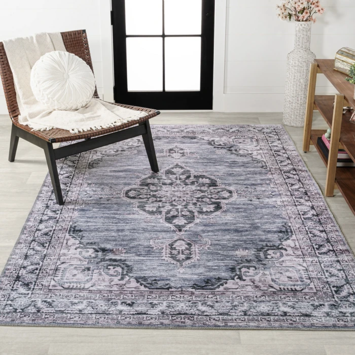 Wincer Chenille Cottage Medallion Machine-Washable Navy/Gray/Black 5 ft. x 8 ft. Area Rug