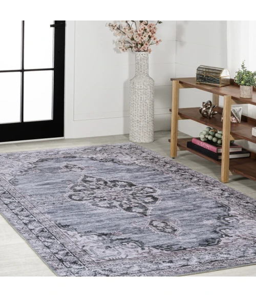 Wincer Chenille Cottage Medallion Machine-Washable Navy/Gray/Black 8 ft. x 10 ft. Area Rug