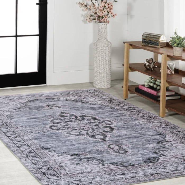 Wincer Chenille Cottage Medallion Machine-Washable Navy/Gray/Black 5 ft. x 8 ft. Area Rug