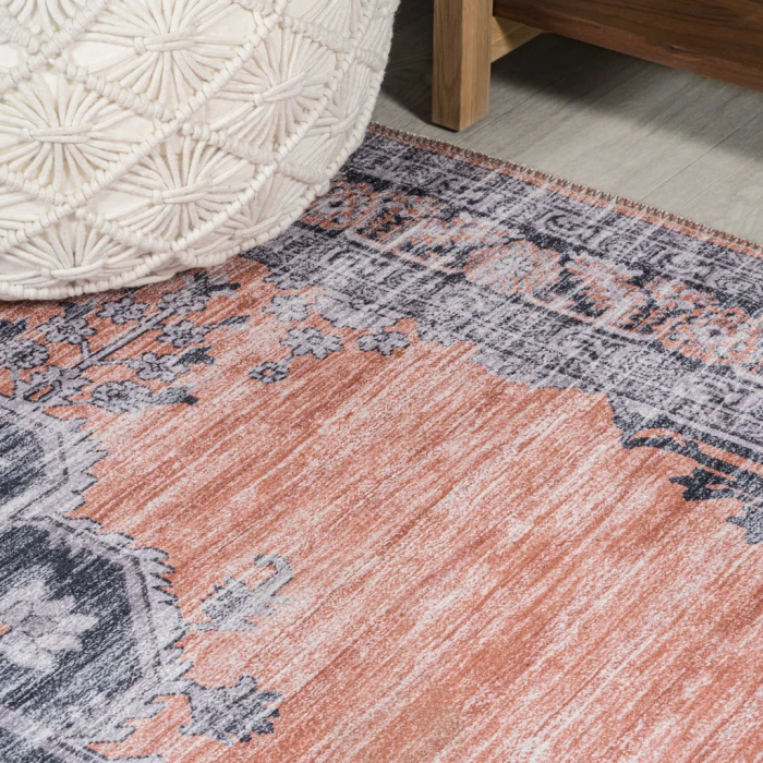 Wincer Chenille Cottage Medallion Machine-Washable Orange/Gray 4 ft. x 6 ft. Area Rug