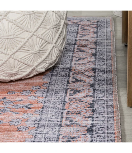 Wincer Chenille Cottage Medallion Machine-Washable Orange/Gray 5 ft. x 8 ft. Area Rug