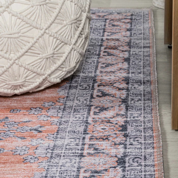 Wincer Chenille Cottage Medallion Machine-Washable Orange/Gray 4 ft. x 6 ft. Area Rug